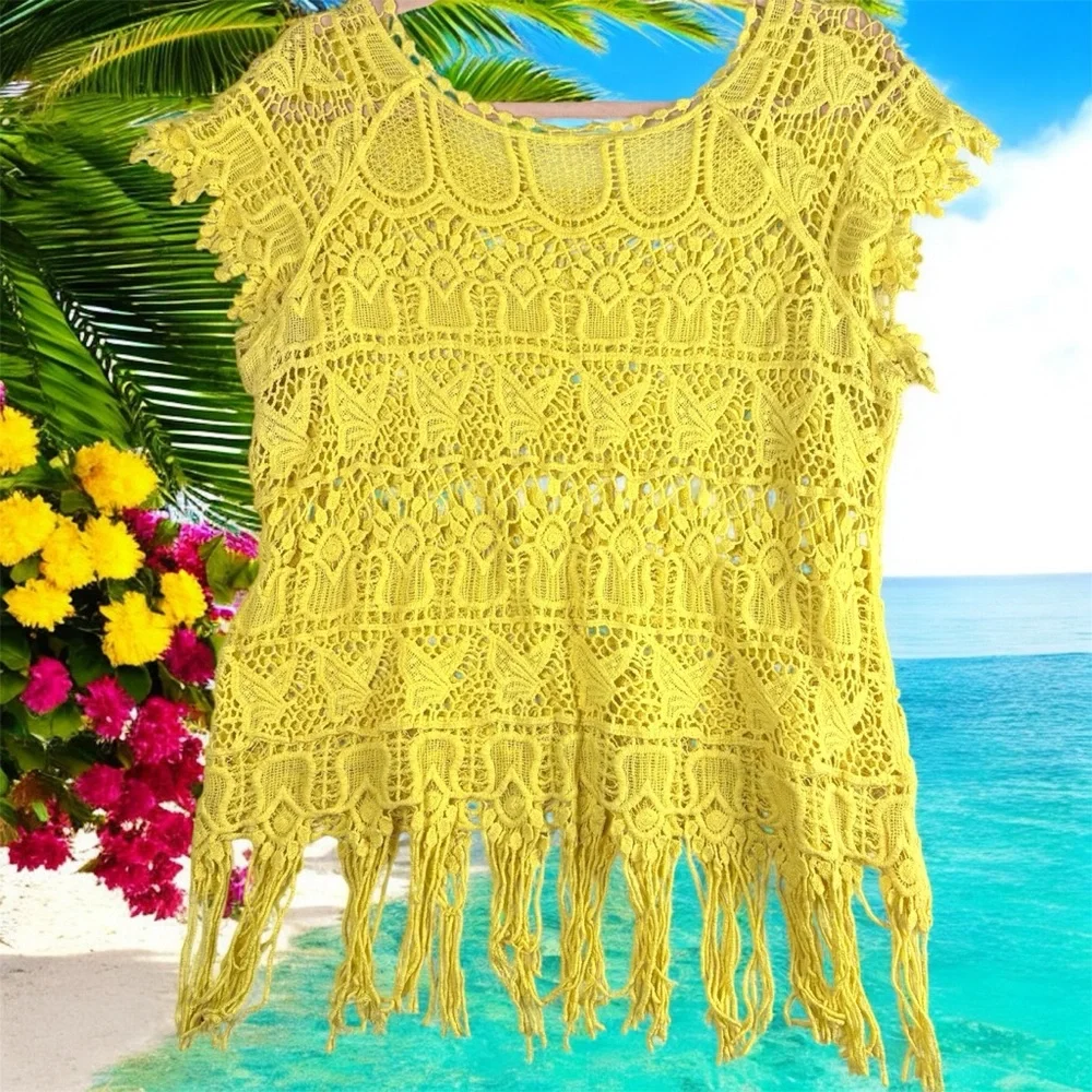 Unbranded Yellow Crochet Fringe Crop Top S/M - Picture 2 of 7